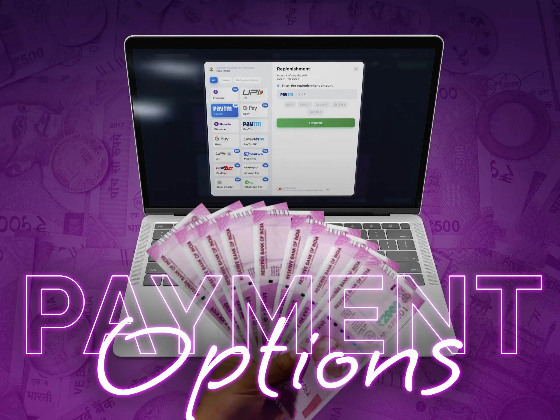 You can use different payment methods to top up your account or withdraw winnings.