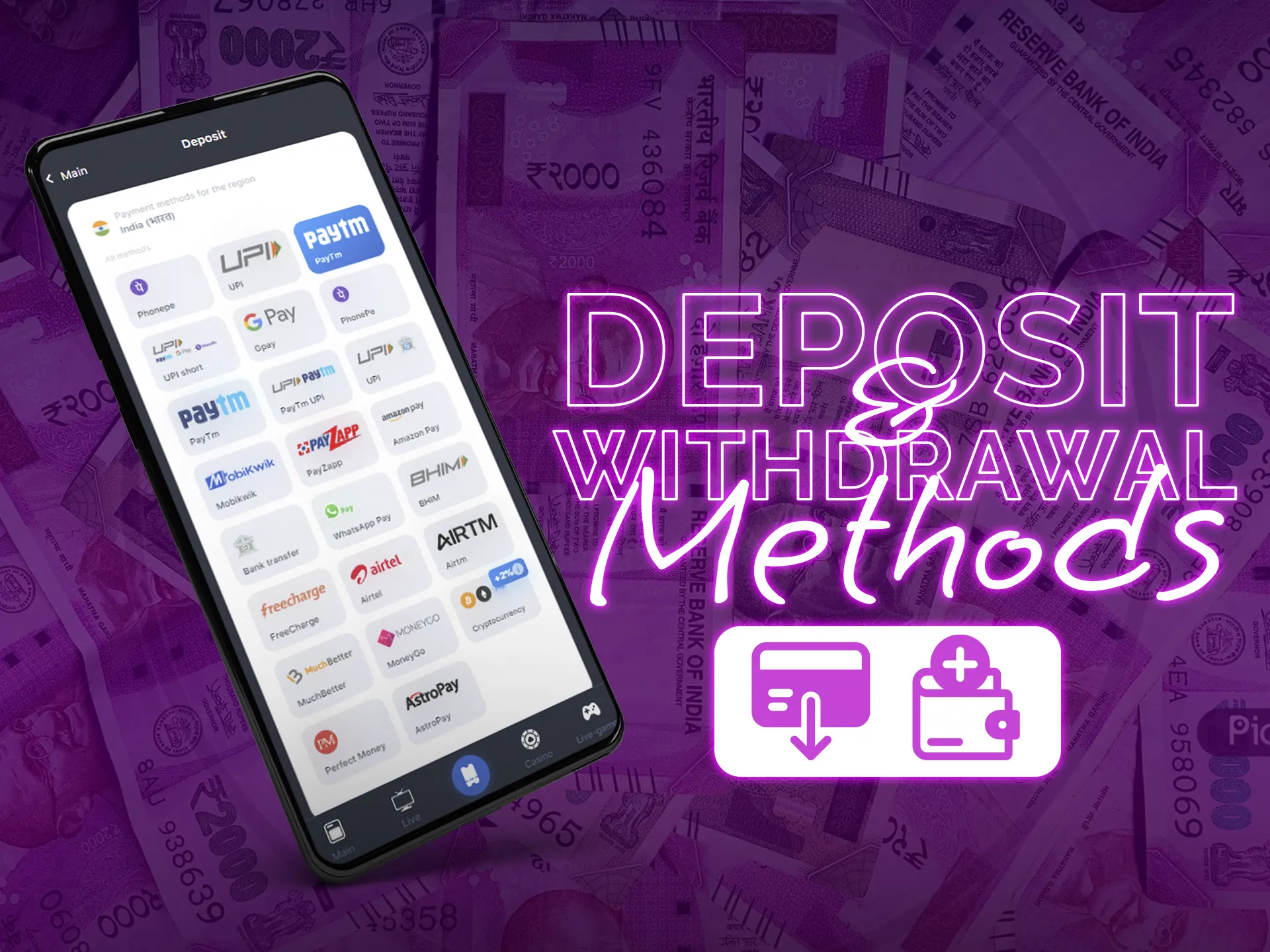 To make deposits and withdrawals you should use the methods presented in the special section. 