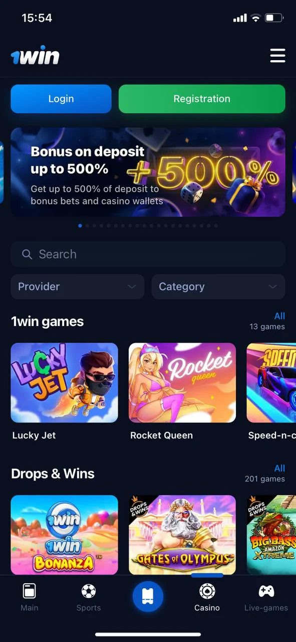 Play online casino games on the 1win mobile app.