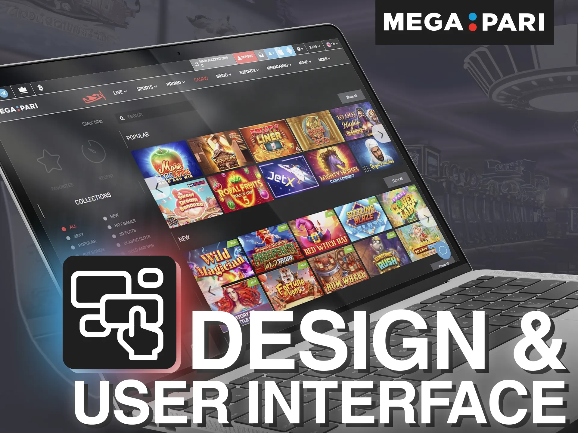 The user interface and the Megapari casino site are appealing with a modern, elegant design.