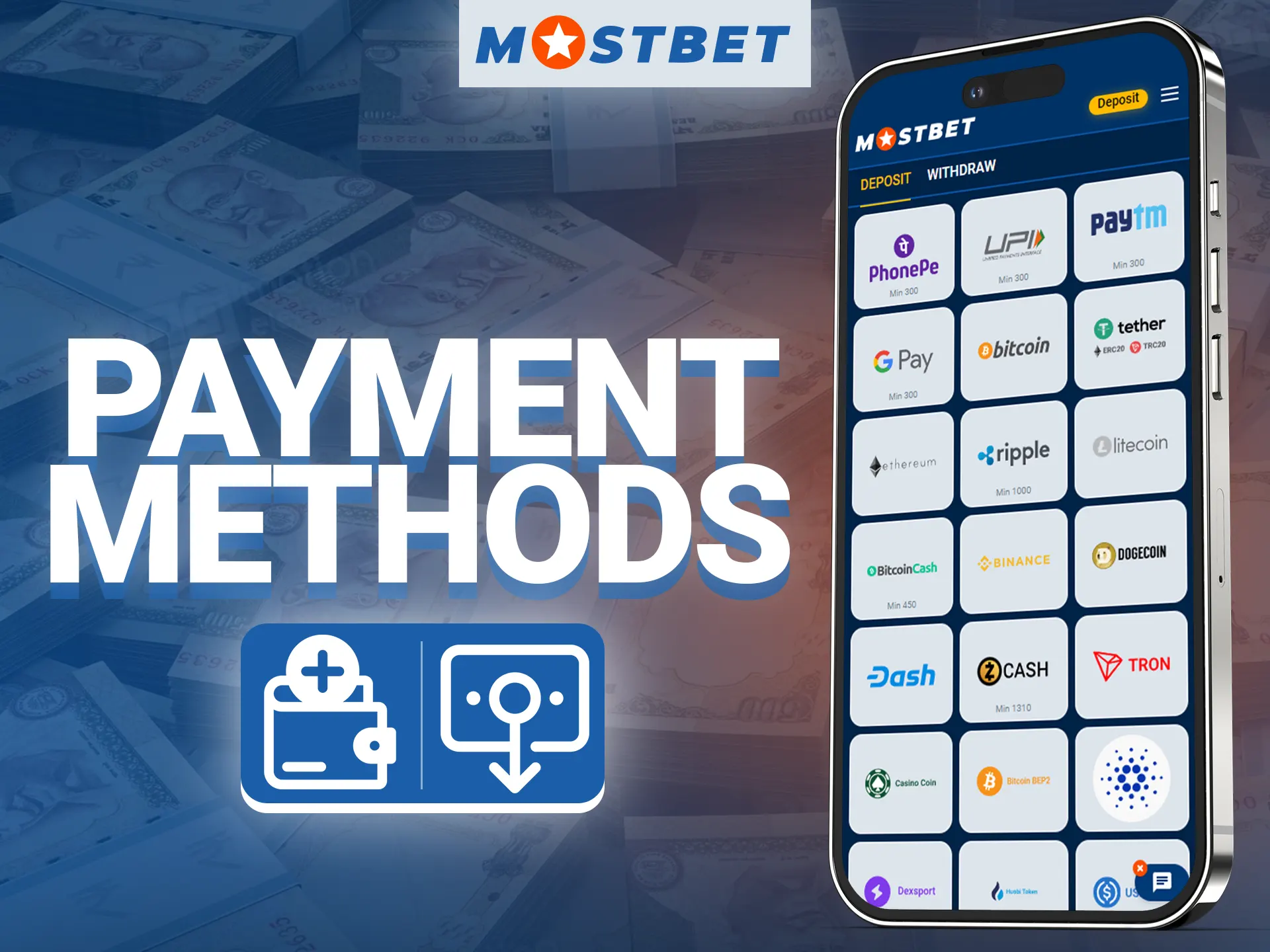 The Mostbet app provides its users with a large selection of payment methods.