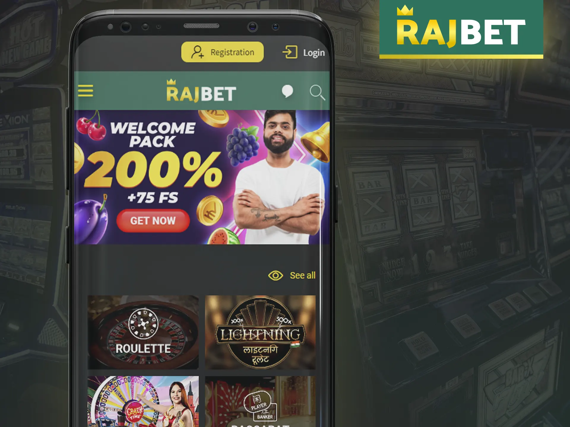 Go to the Rajbet website in the browser on your mobile device and play online casino.