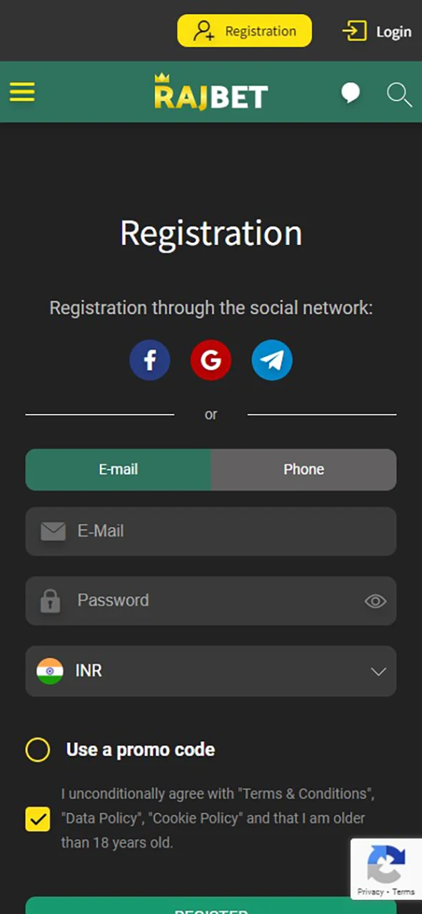 Go through registration in the Rajbet mobile app.