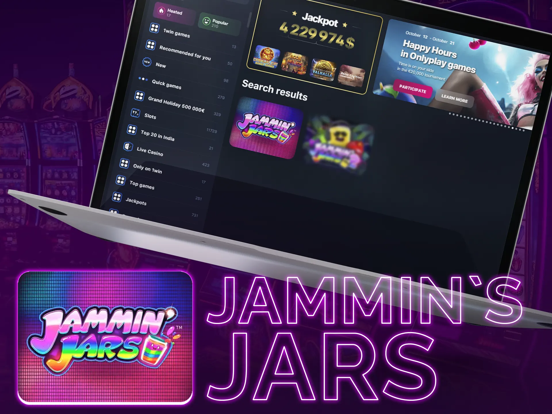 Jammin`s Jars: classic fruit slot, 8 reels, adjustable rows, high RTP.