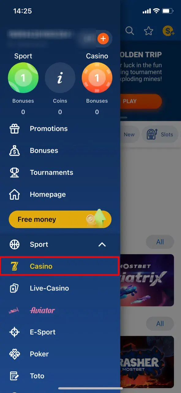 Go to the casino section and select a free slot.