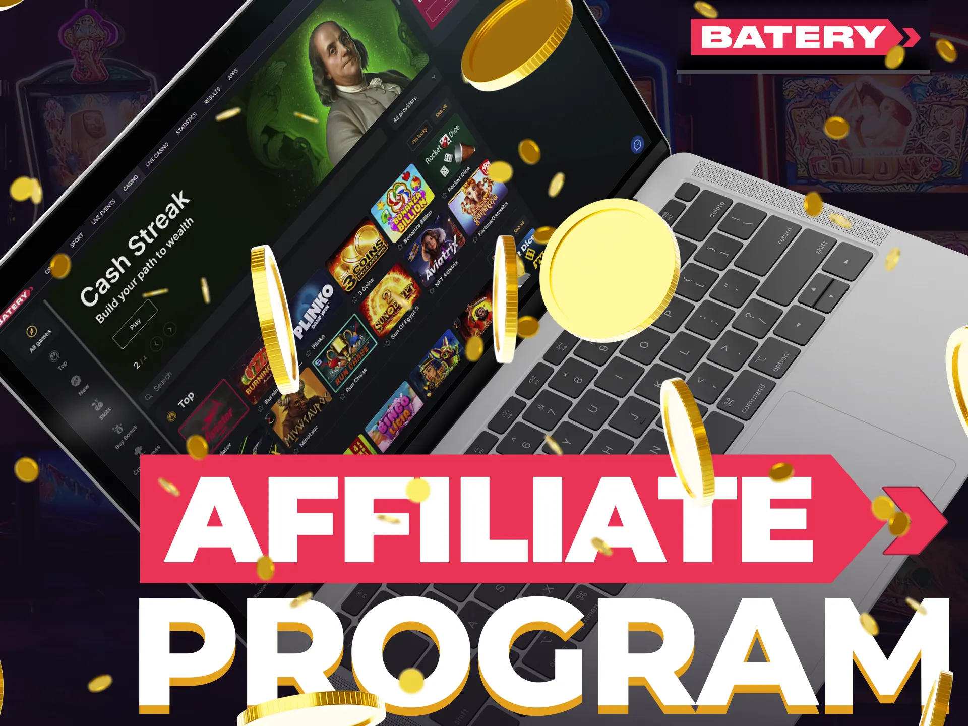 Batery's affiliate program offers CPA, RevShare, and Hybrid models and 30-40% commissions for partners.