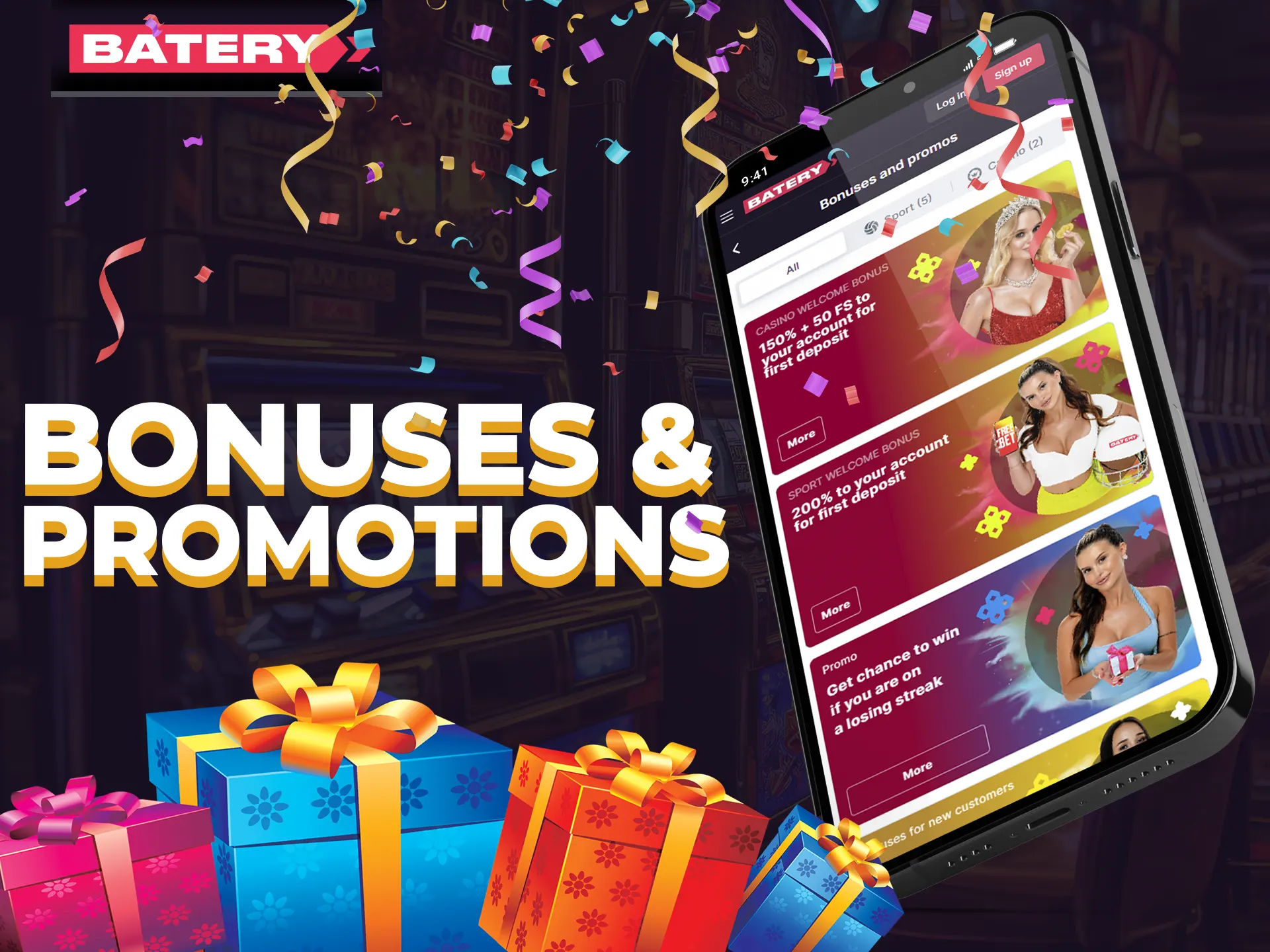 Batery Mobile Casino Bonuses: 150% up to 25,000 INR + 50 FS, sports bonuses, cashback.