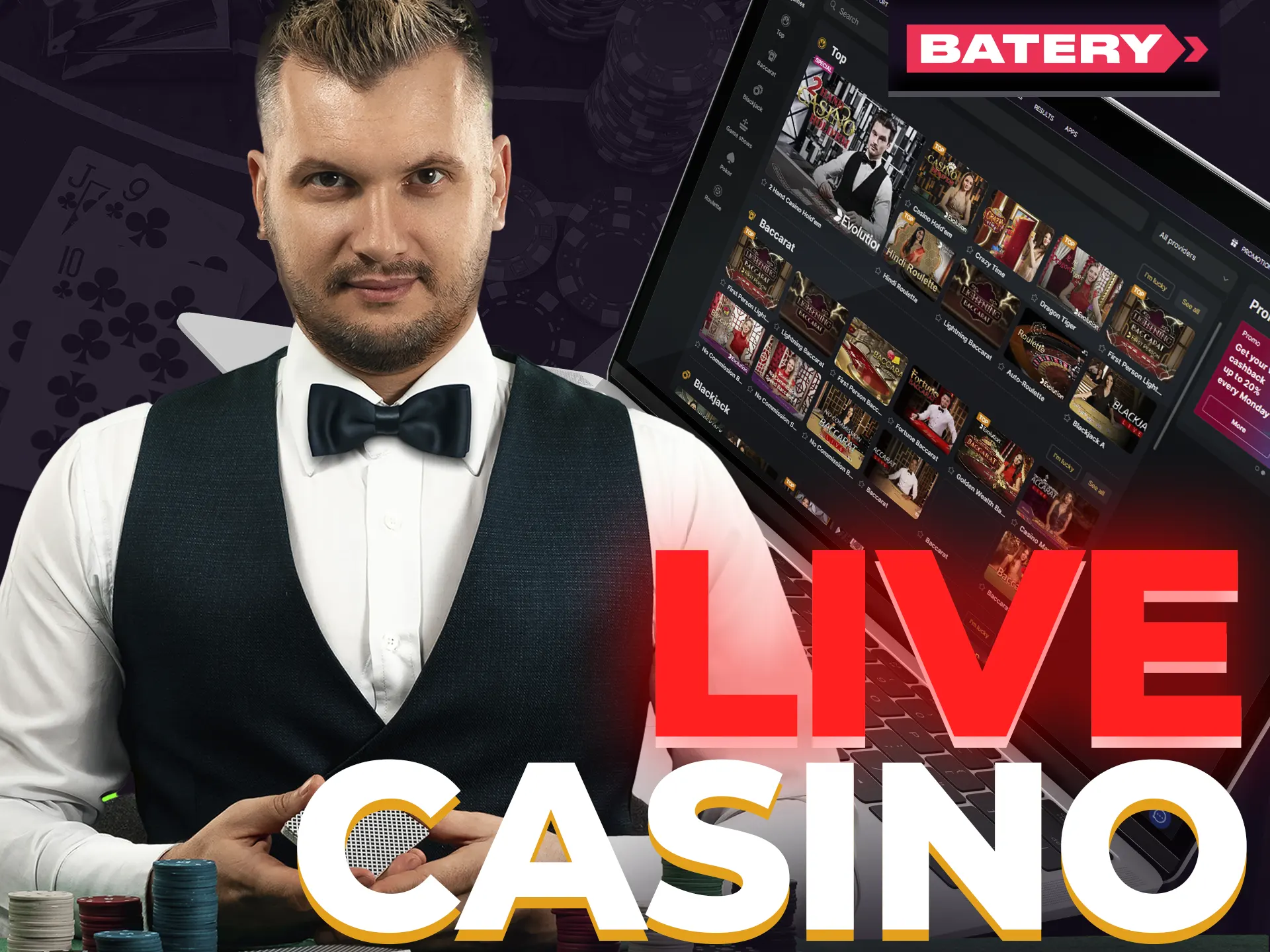 Batery Live Casino offers Baccarat, Andar Bahar, Poker, and Roulette with charming dealers.