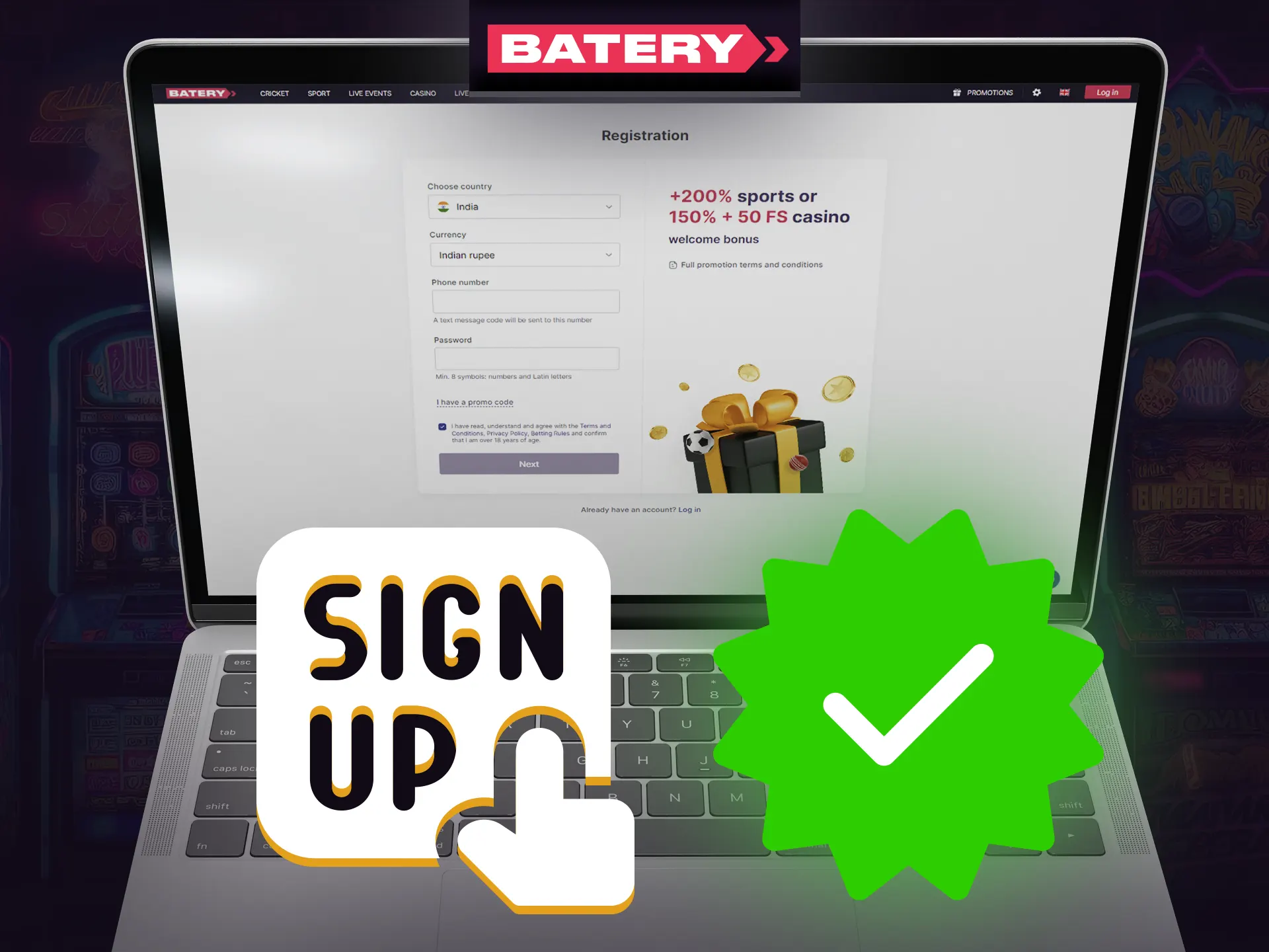 Batery Casino's registration: visit, fill form, create password, confirm, verify, and enjoy.