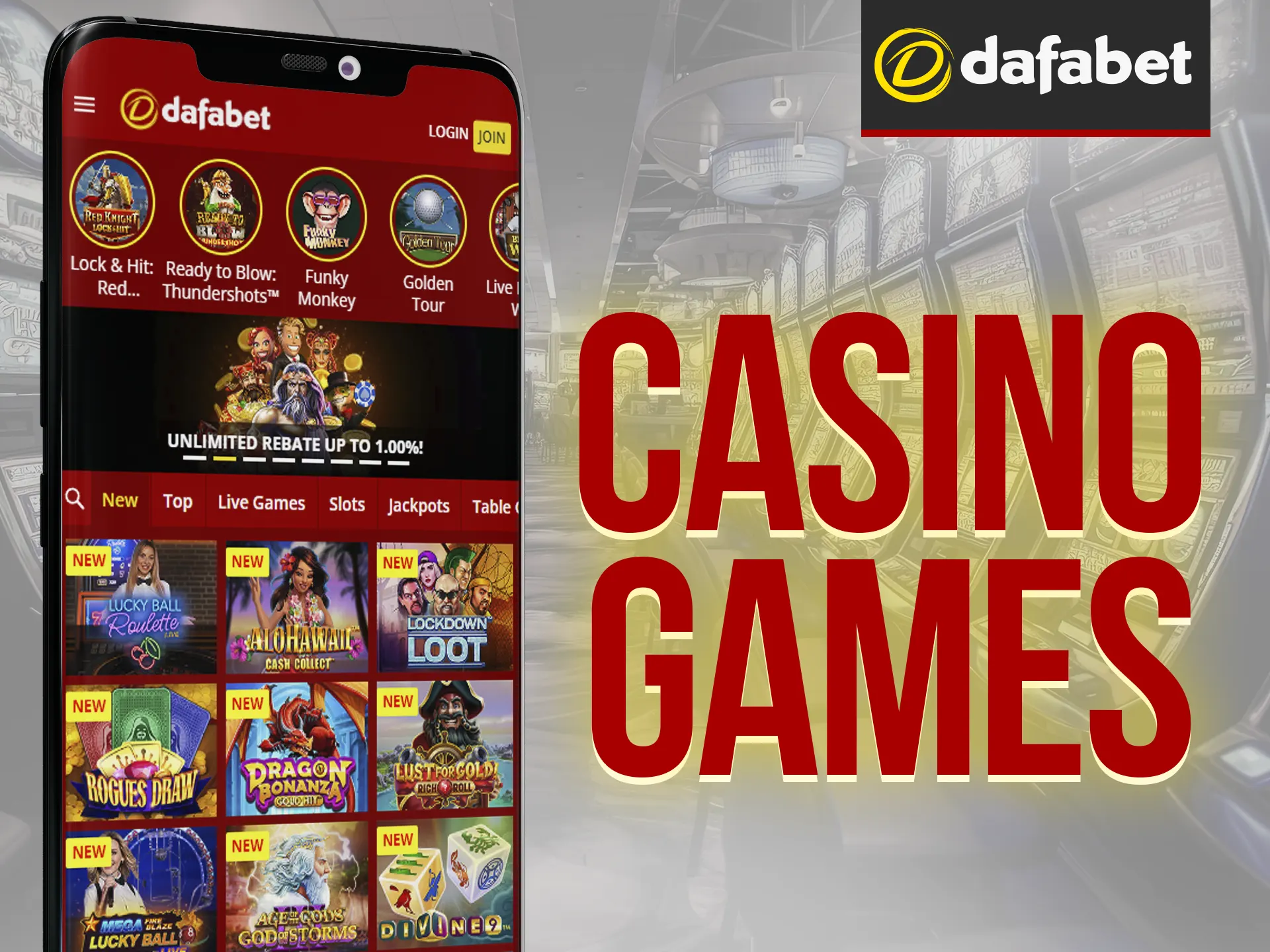 Dafabet Android app offers board, live dealer, and instant casino games sections.
