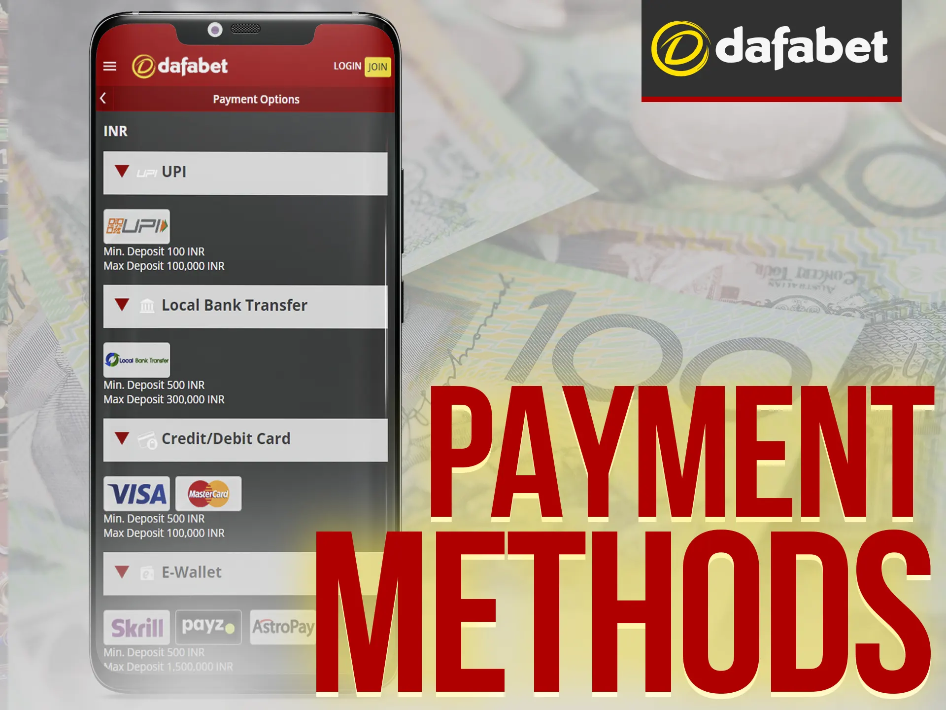 Dafabet app supports various payment methods: Visa, Skrill, UPI, Neteller, and EcoPayz.