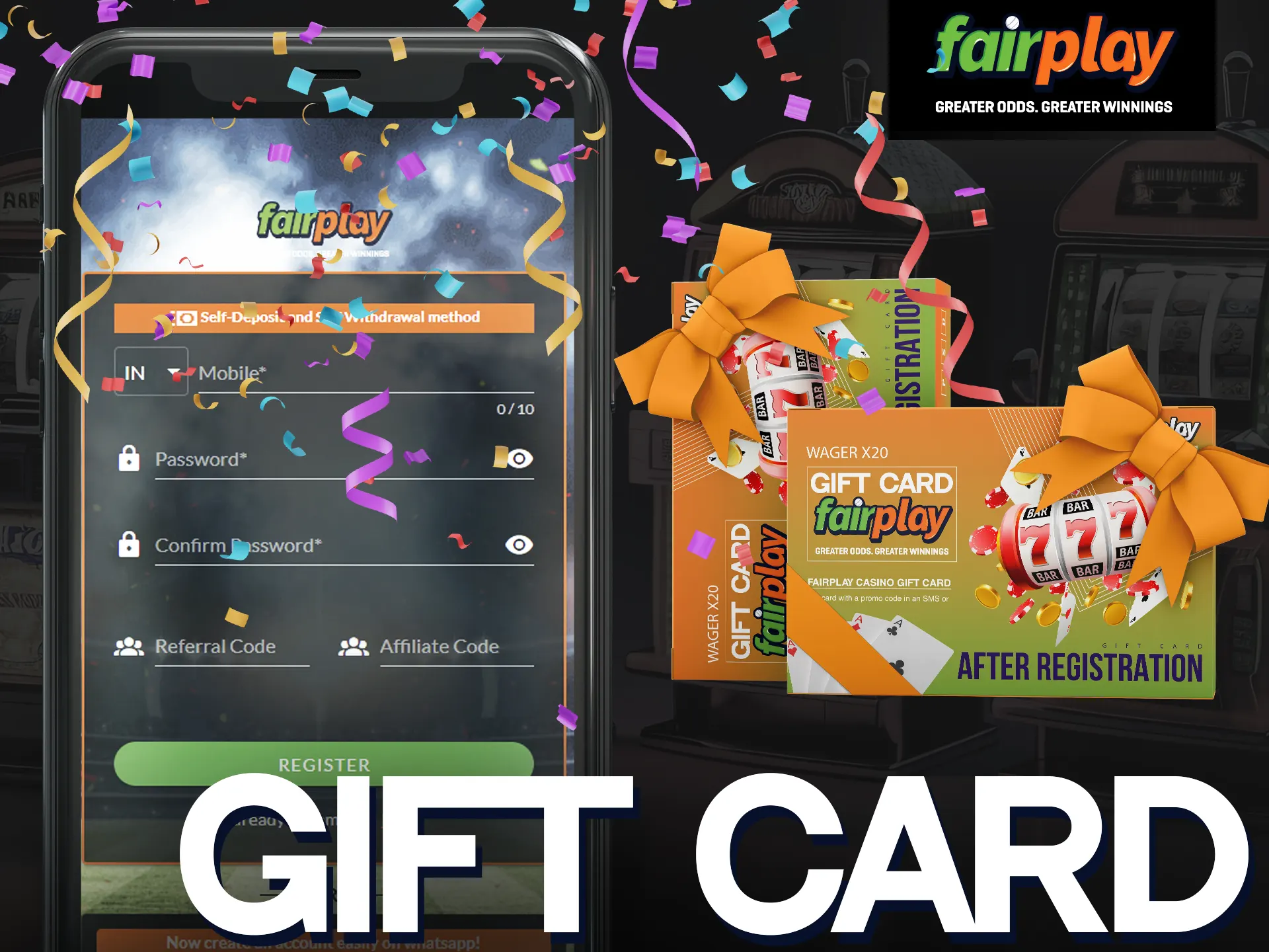 To get a gift card at Fairplay, sign up, receive promo, bonus with x20 wagering.