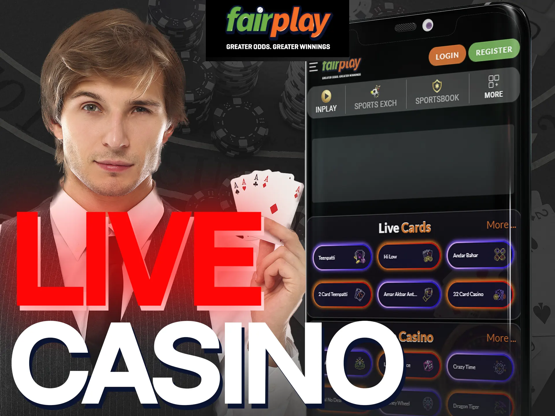 FairPlay Live Casino offers card games like baccarat, blackjack, poker with live dealers.