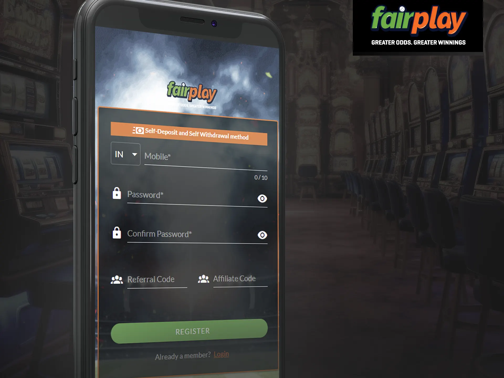 Fairplay have in-app registration, provide email, phone, address, currency.