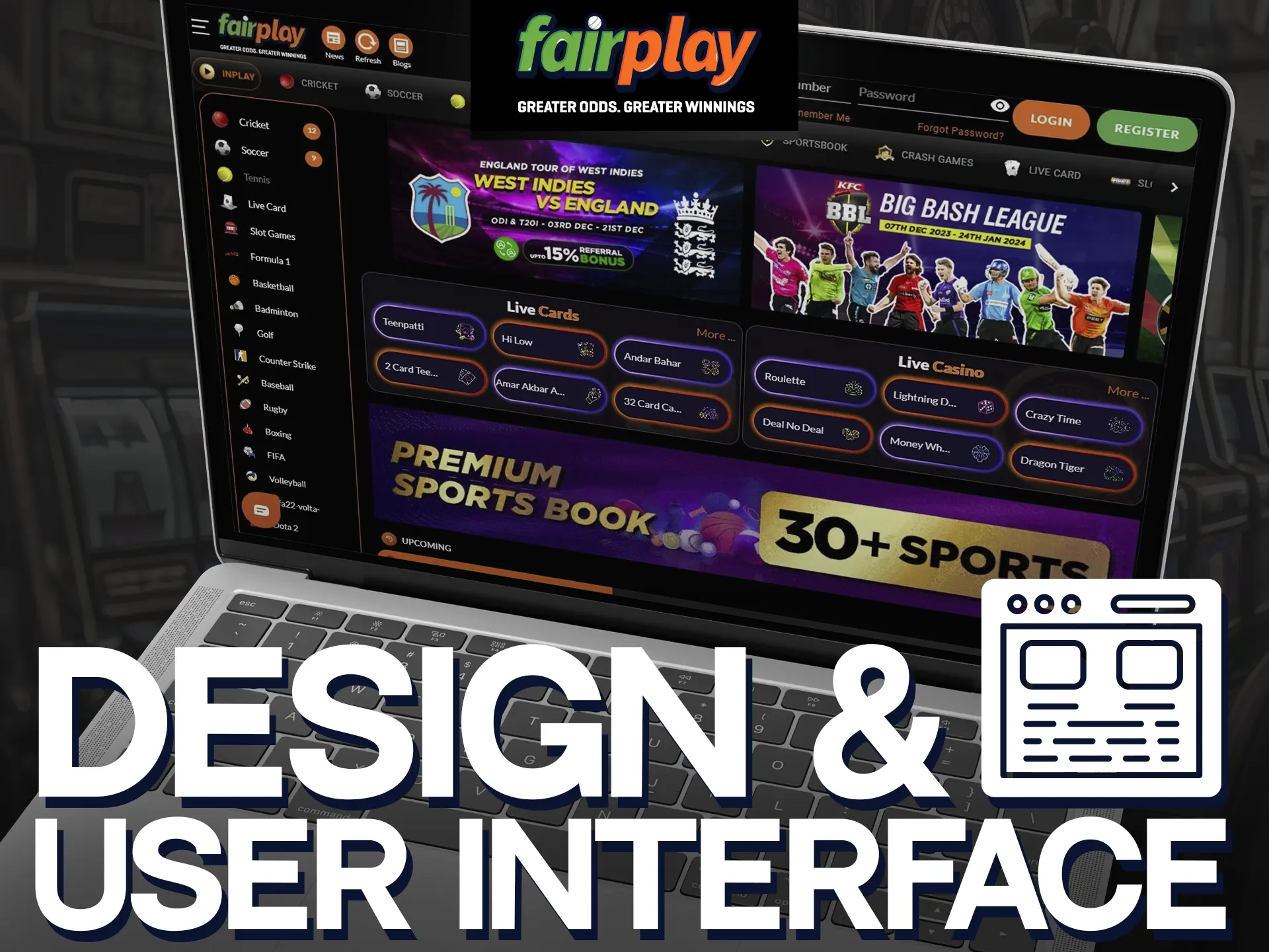 Fairplay Casino Design: Black-themed interface, easy navigation, sections for sports, slots, live games, news.