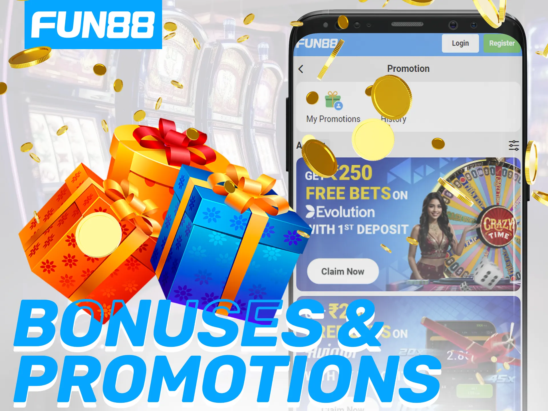 Fun88 app features various bonuses, including free rounds, welcome bonuses, and reload offers.
