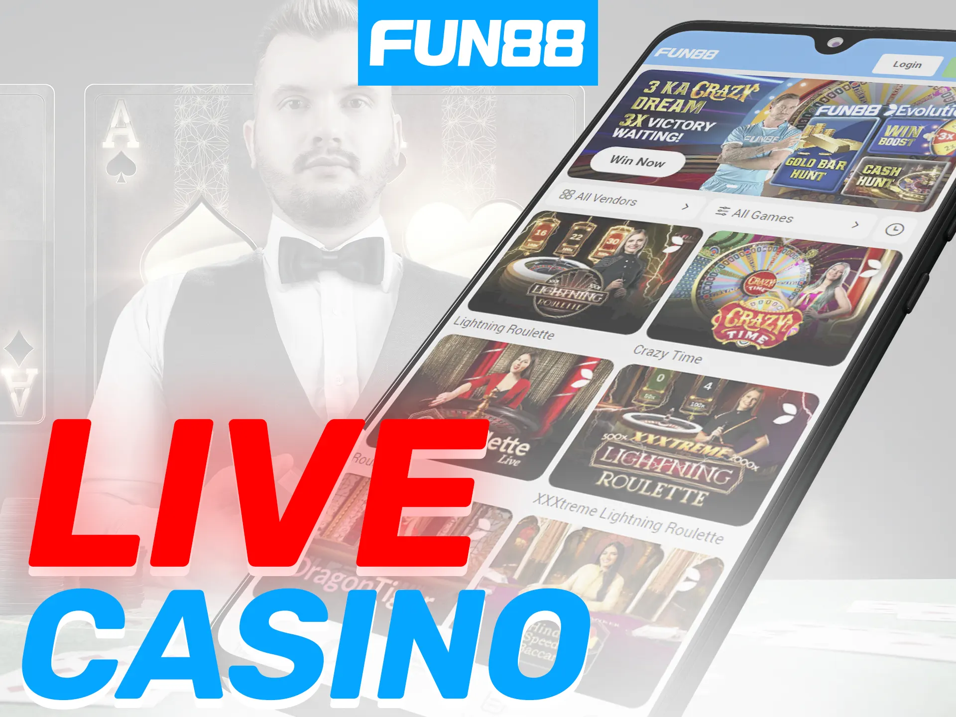 Fun88 app includes live dealer tables for Blackjack, Roulette, Andar Bahar, and Baccarat.