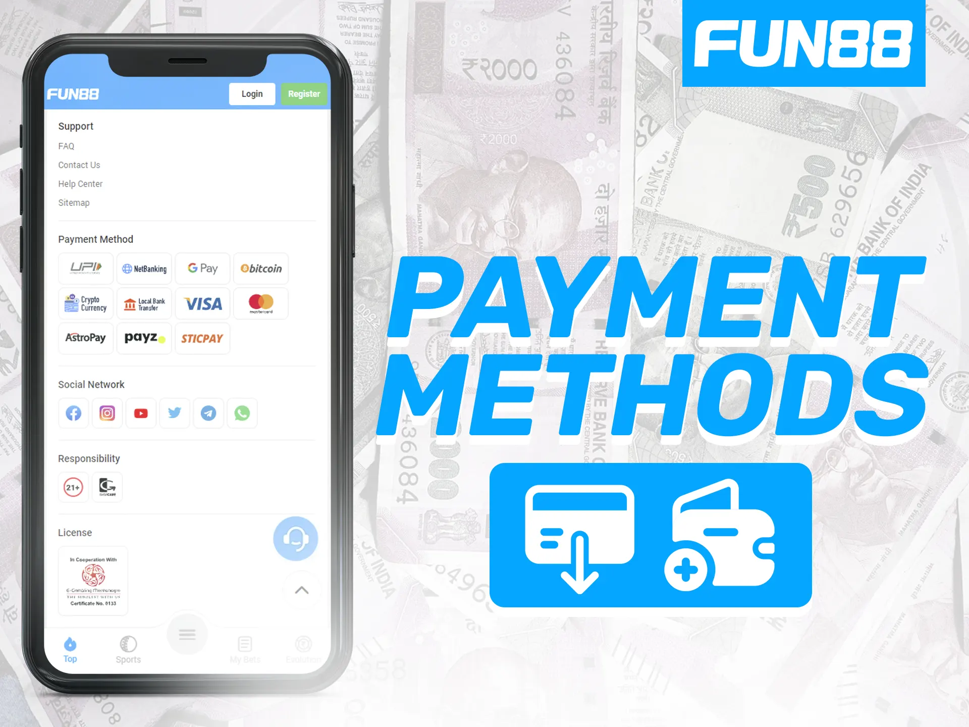 Fun88 app supports multiple payment methods, including Bank Transfer, GPay, Paytm, PhonePe, UPI, and Bitcoin.