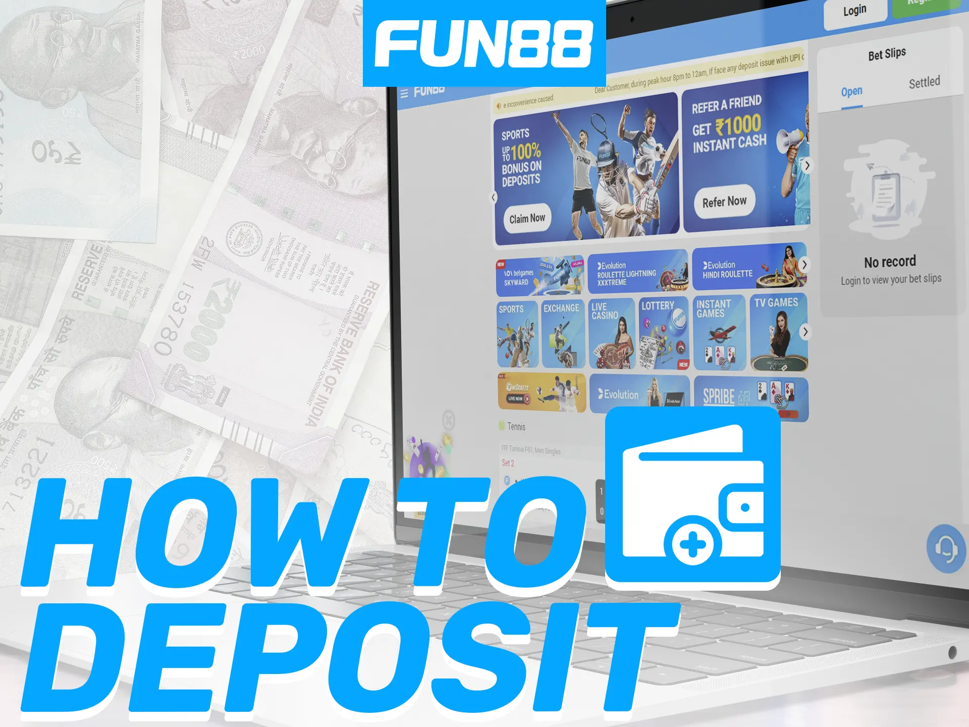 Deposit at Fun88 by logging in, choosing a payment method, and confirming.
