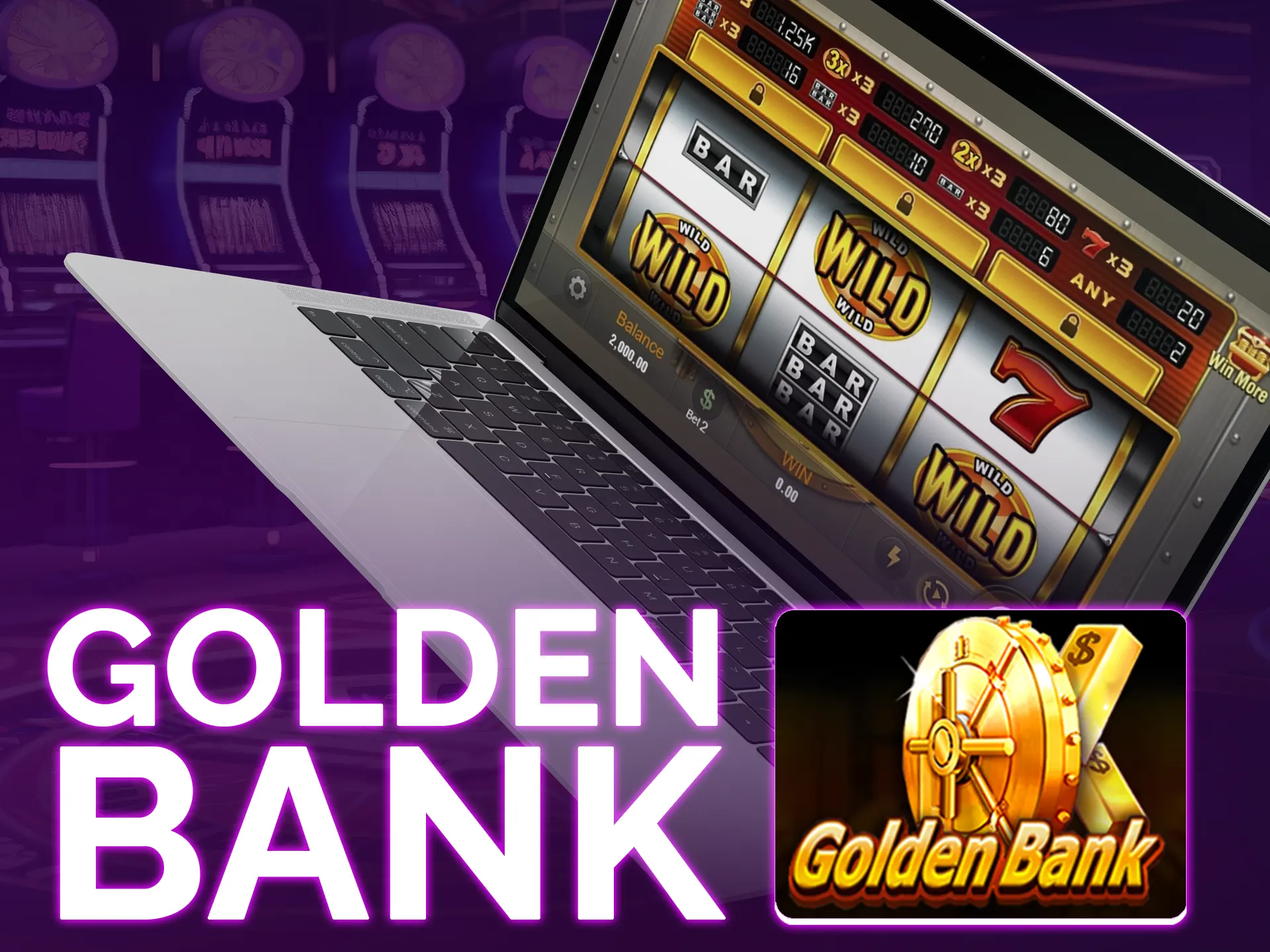 Golden Bank it`s a classic slot with 3 reels, 1 line, medium volatility, x2000 max winnings, free spins.