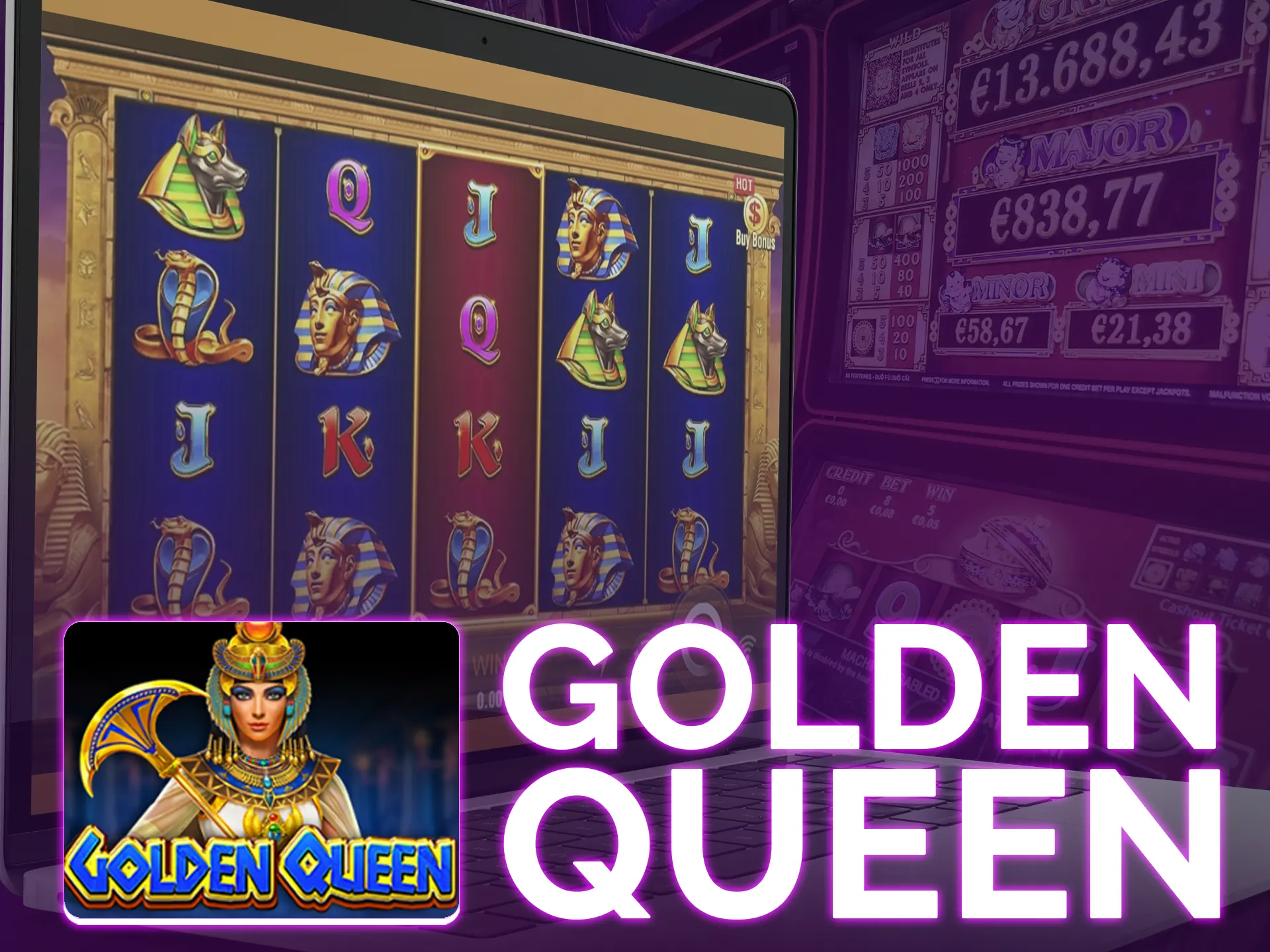 Golden queen it`s an egyptian-themed slot: x1500 max win, 96.5% RTP, 5 reels, 40 paylines.