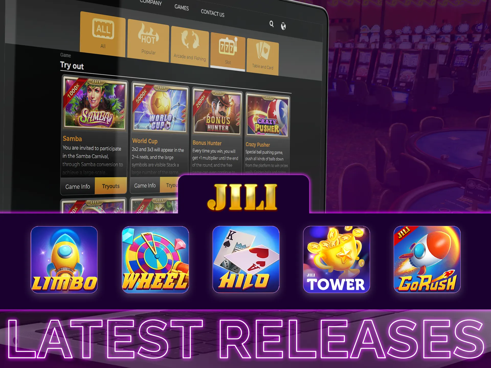 Jili's latest releases include Limbo, Wheel, Hi-lo, Tower, and Go Rush.