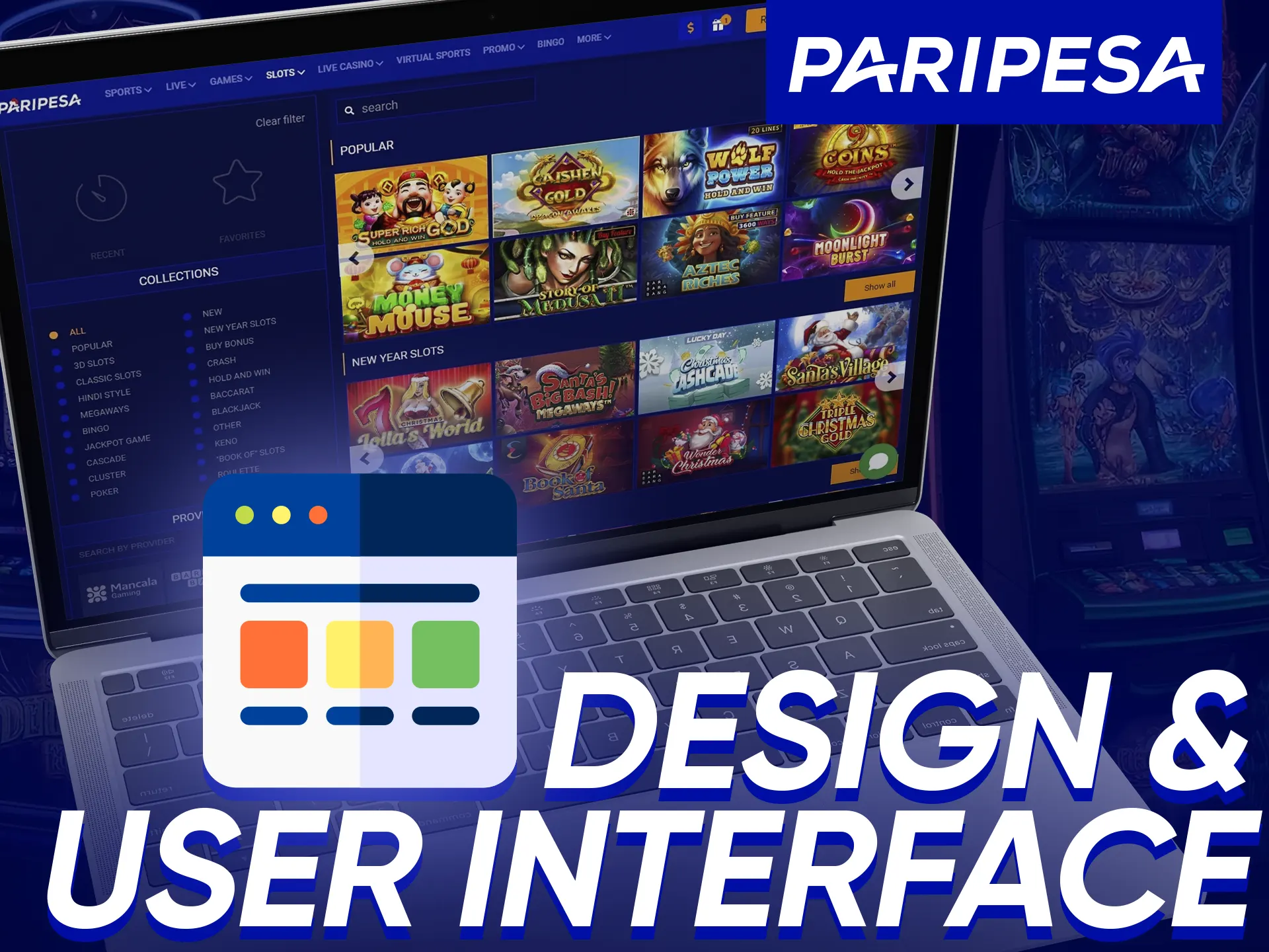 Paripesa Design: Blue-themed, organized sections, user-friendly interface.