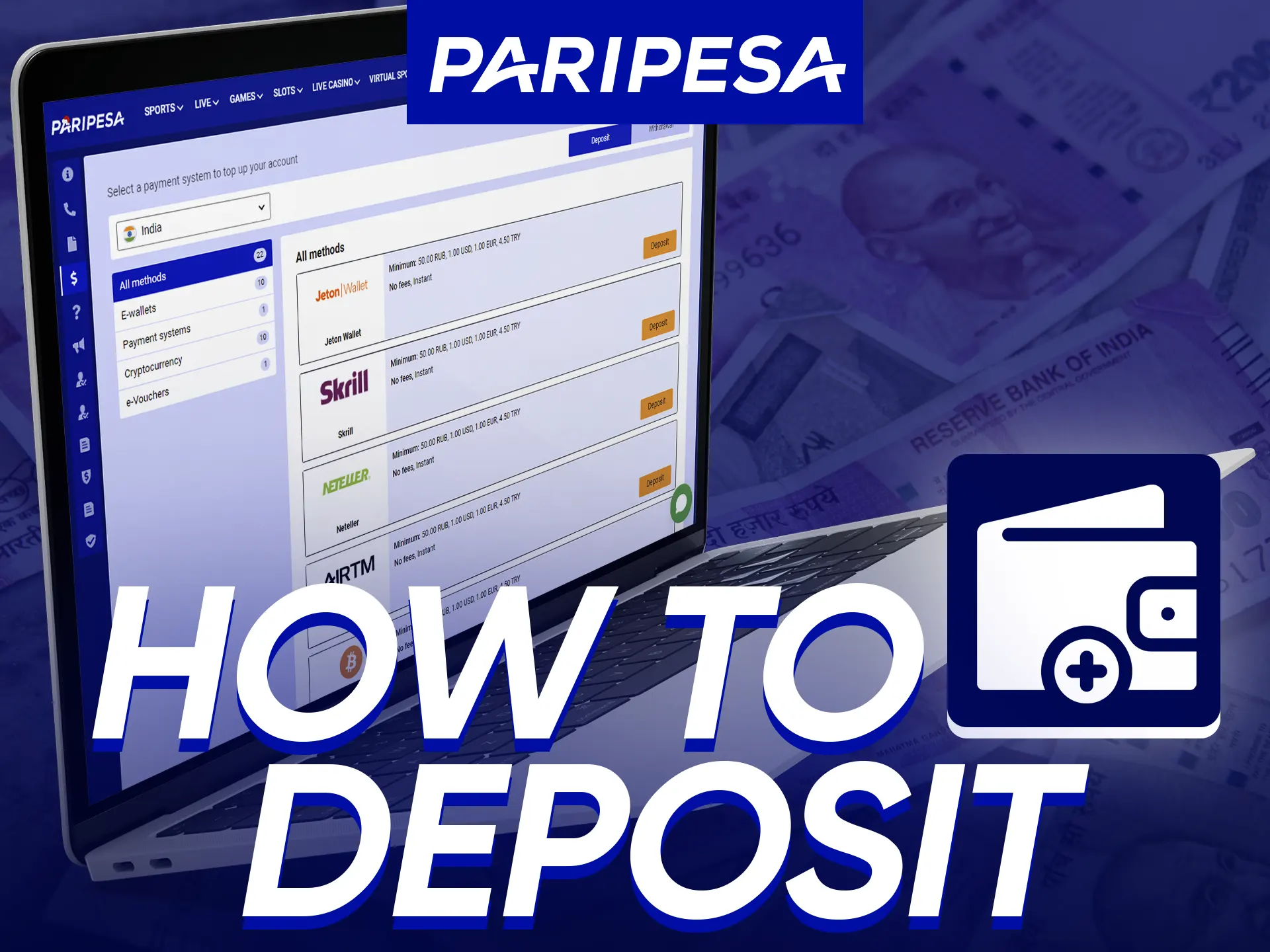 To deposit at Paripesa, log in, access "Cashier," choose method, enter details, and pay.