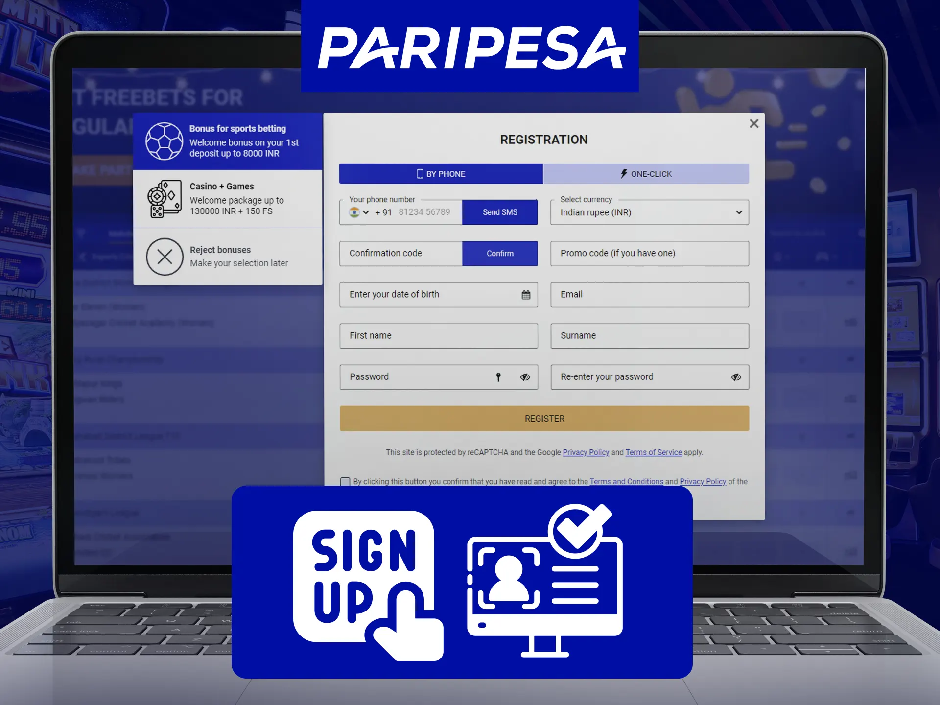 To register at Paripesa click the button, fill form, 1-click option available, provide personal data and documents.
