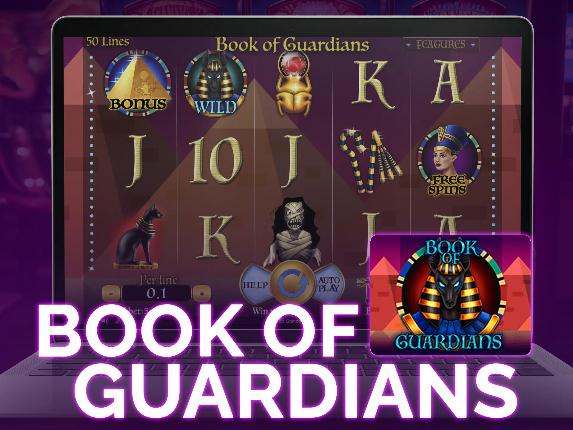 Book of guardians it`s an ancient Egypt-themed slot: Special symbols, bonus round, x5 multiplier, 94.6% RTP.