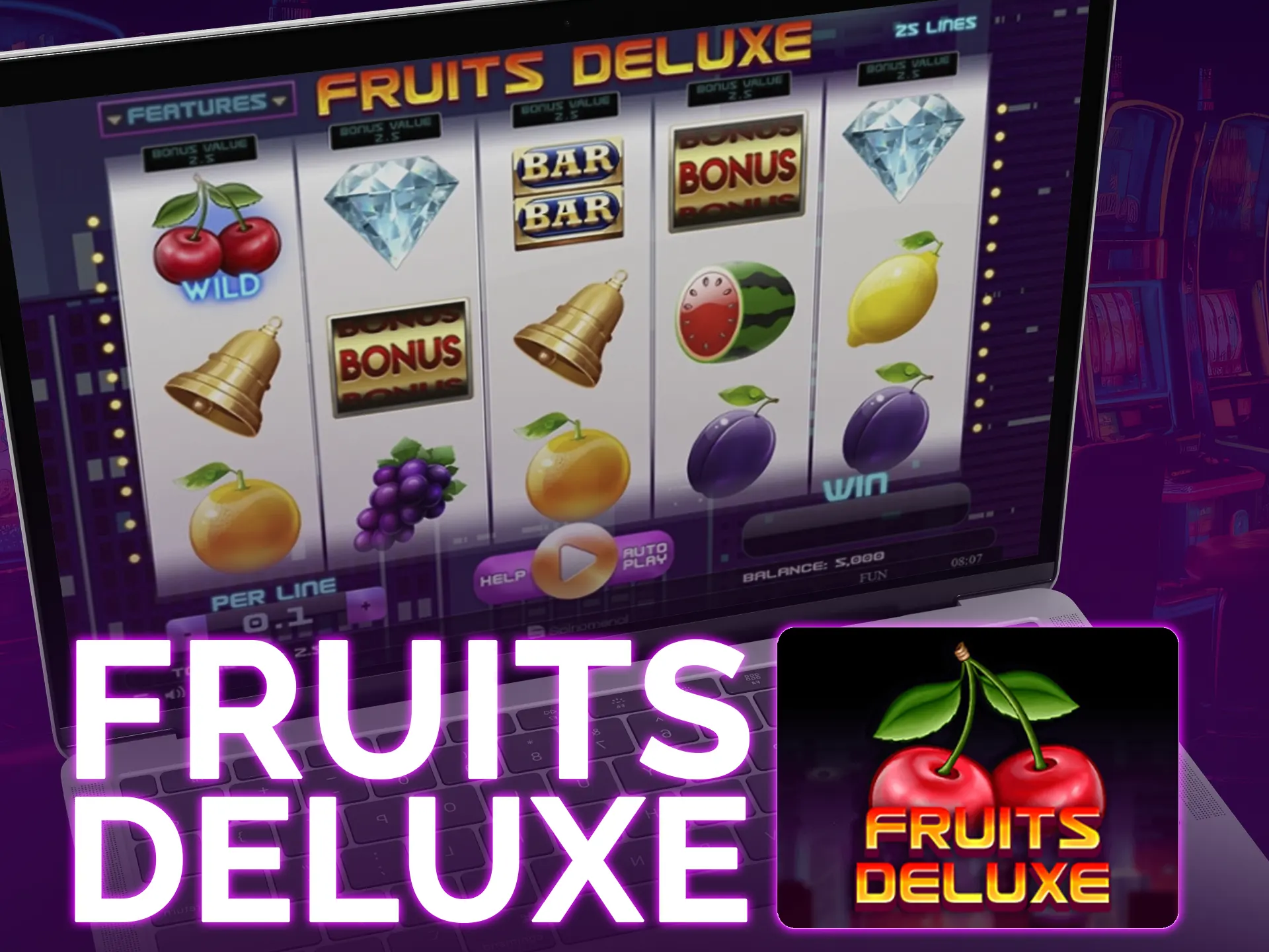 Classic-style slot, Fruits Deluxe: Fruit symbols, Wilds, Scatters, x60 max winnings.