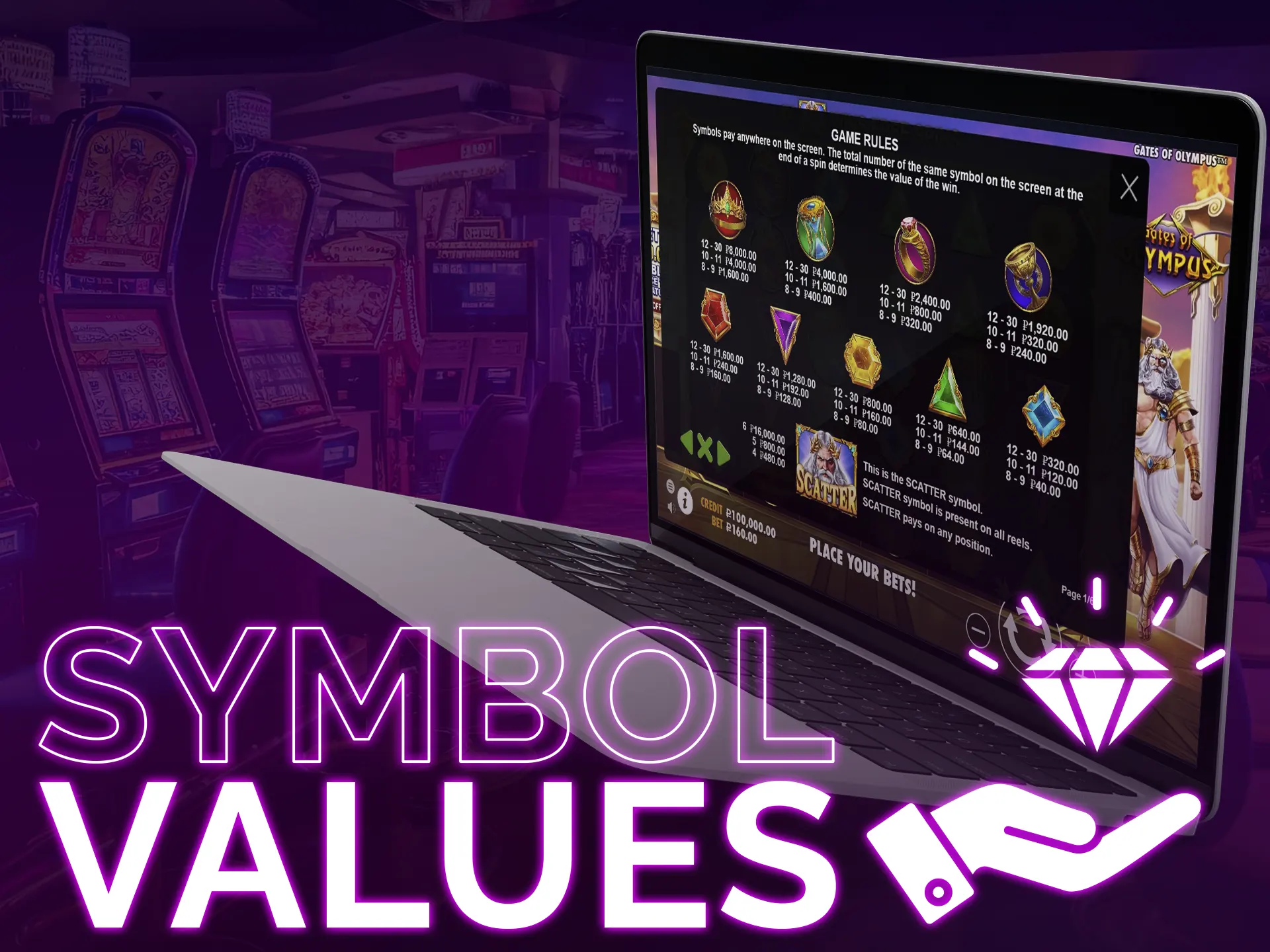 Symbols in slots vary in values, affecting win sizes.