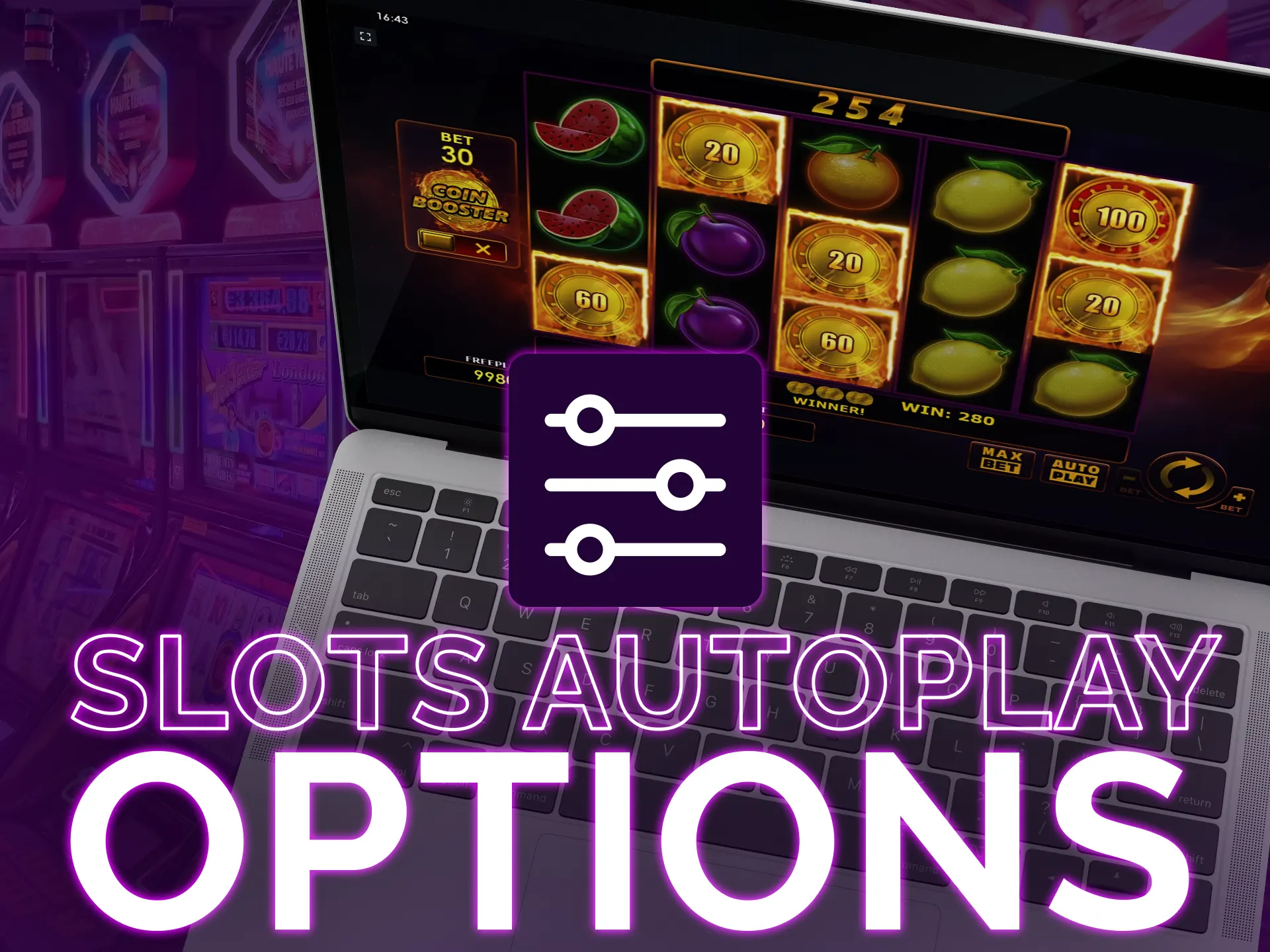 Slots autoplay options include spins, speed, bet, and stopping conditions.