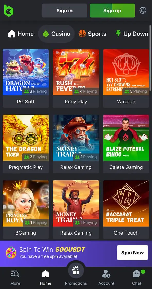 Slots games available in the BC.Game casino app.