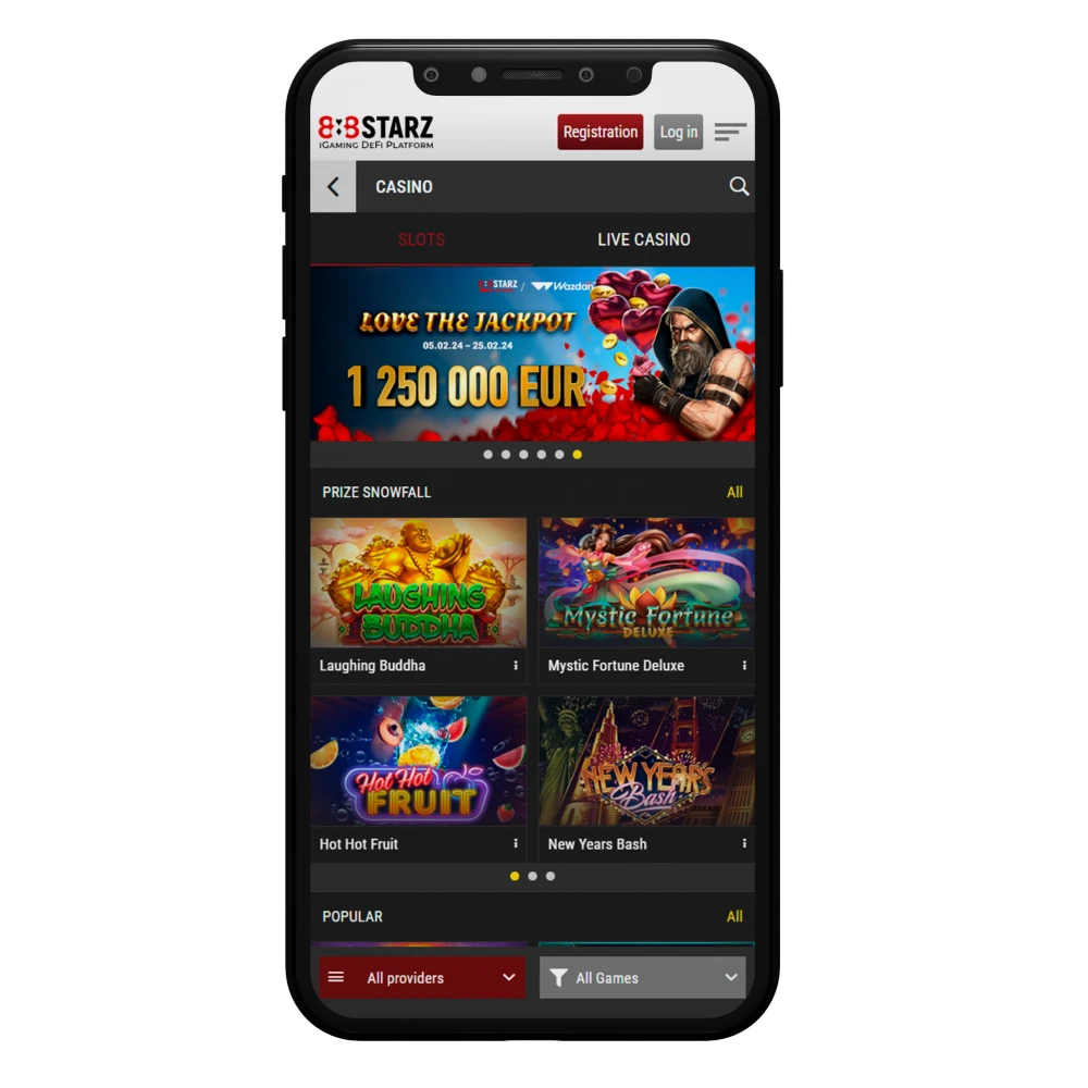 Choose to play any slots from the huge selection at 888starz app.