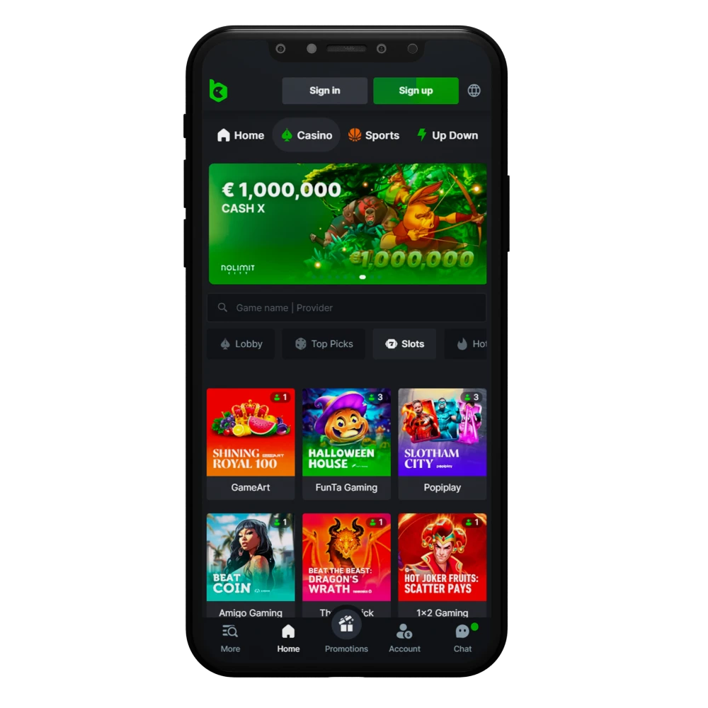 The BC.Game casino app has a large slots section.