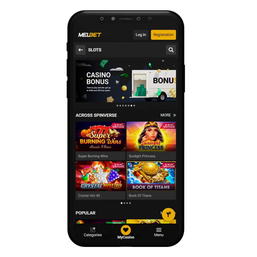 Play any slots with Melbet app.