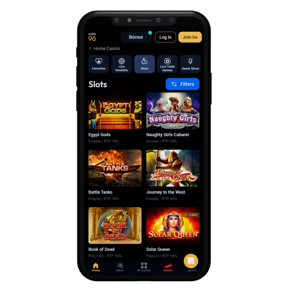 The Odds96 casino app offers its users many different slots.