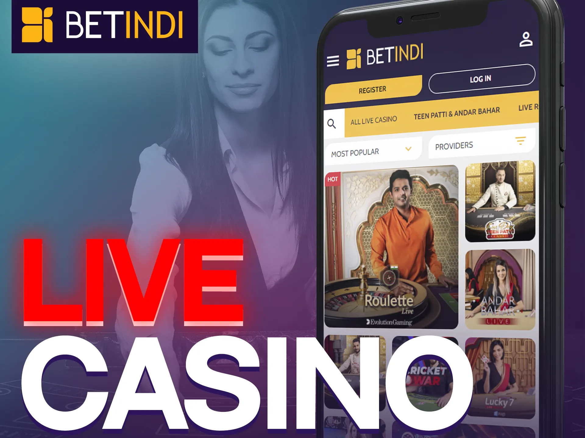 Experience live casino games on Betindi app.