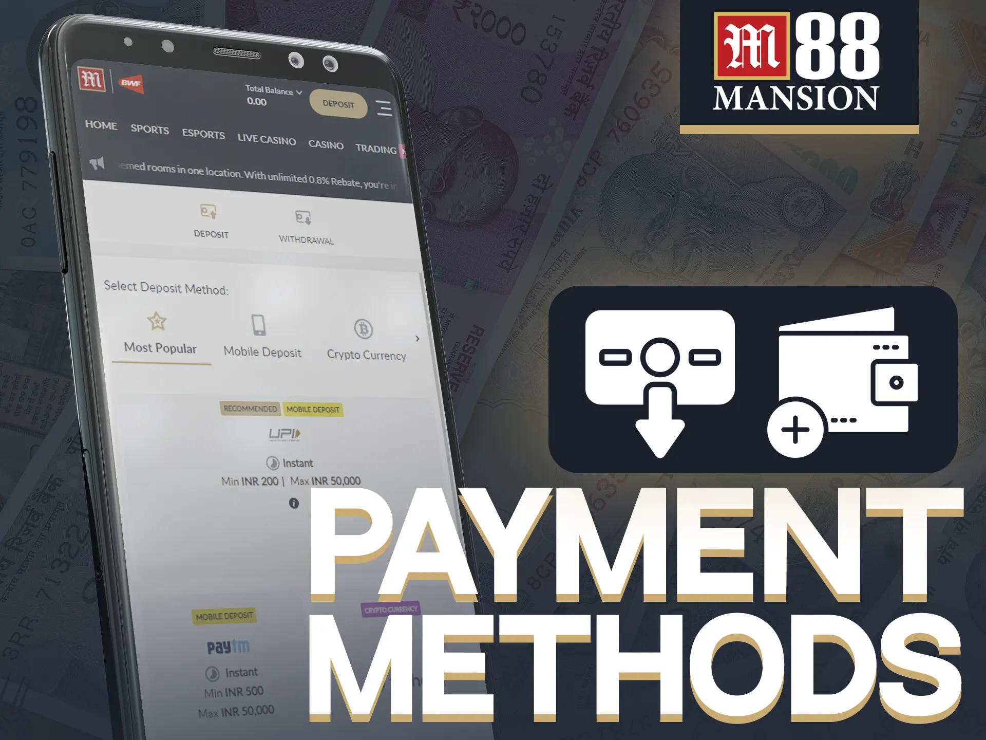 The M88 app offers various secure payment methods.