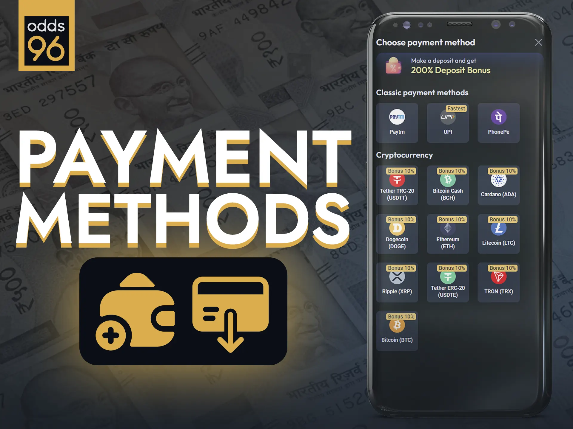 Choose from various payment options in Odds96 app.
