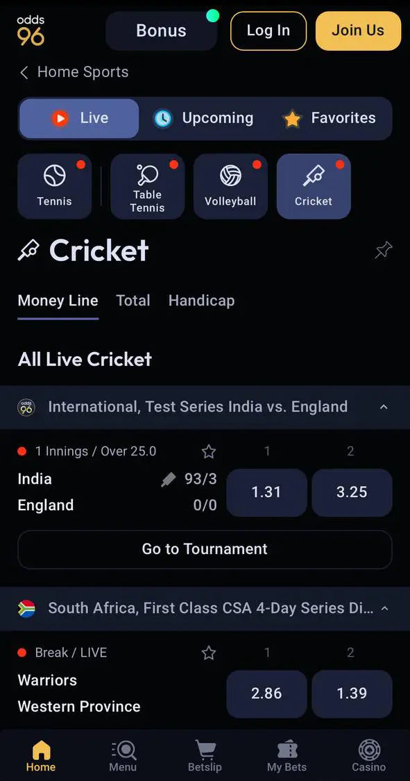 Cricket betting on the Odds96 app.