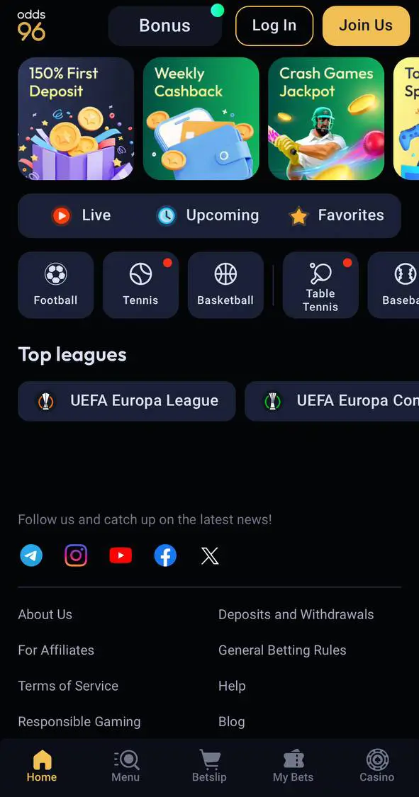 Home page in the Odds96 app.